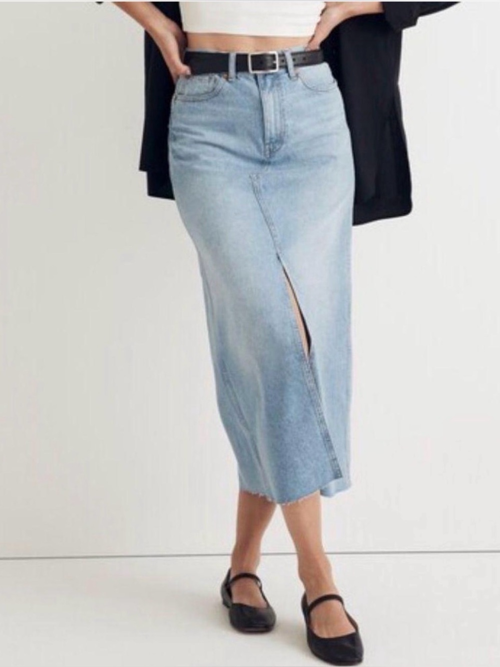 Madewell Light Wash Midi‎ Denim Skirt Front Slit Five Pocket Design Size:30